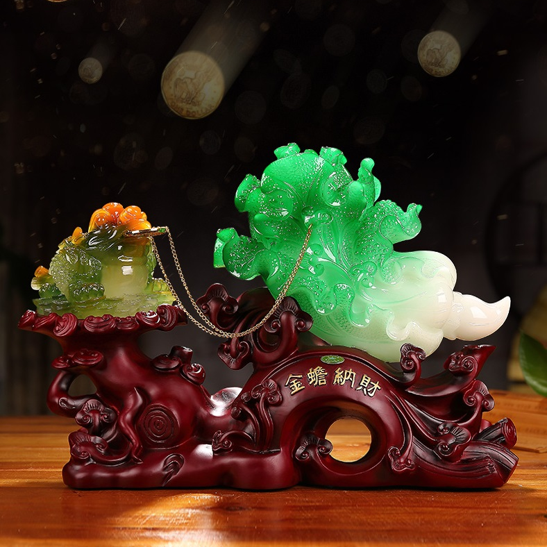 Tượng cóc thiềm thừ bông cải ngọc xanh phong thủy ngậm tiền - cao 26 cm