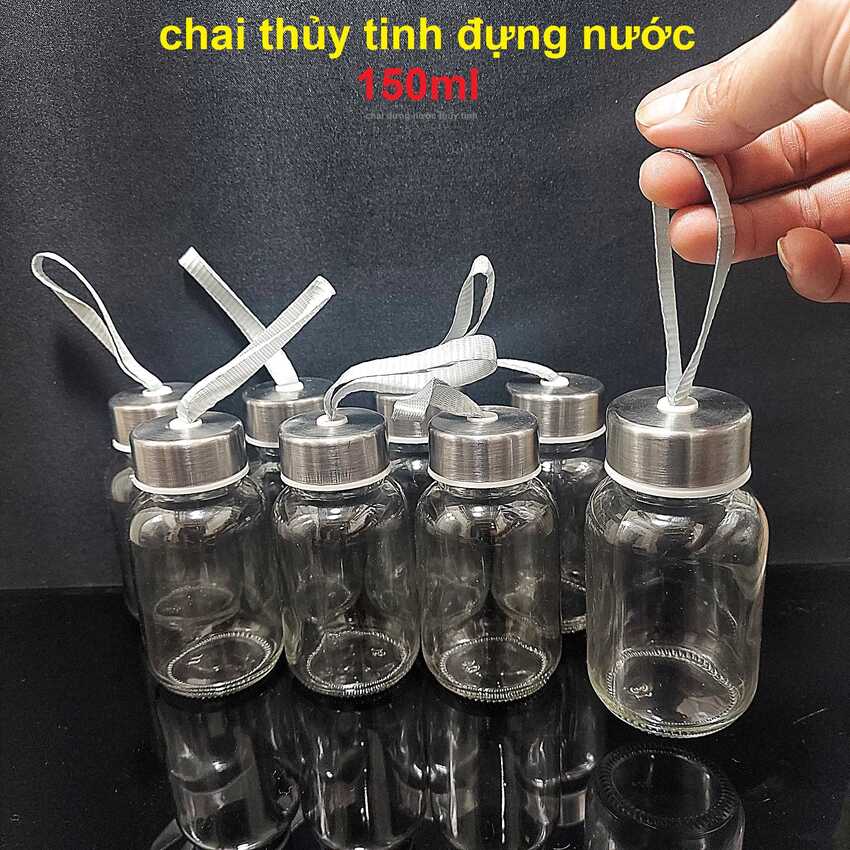 Chai thủy tinh 150ml đựng nước có dây treo nắp thiếc vặn - bình thủy tinh đựng nước - chai thủy tinh đựng nước – chai đựng nước