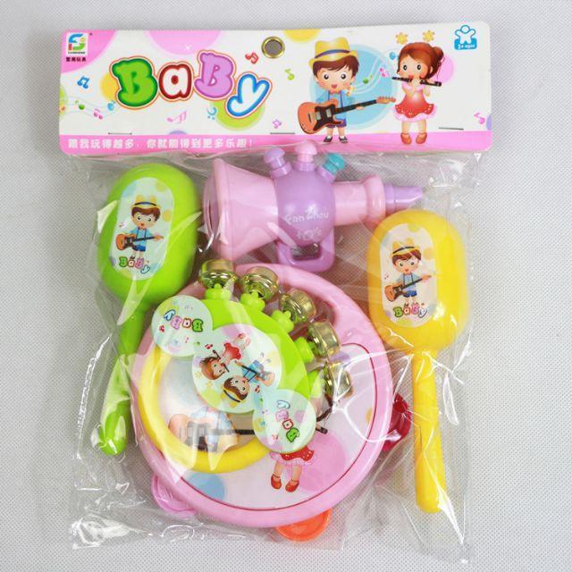 Bộ 5 món Đồ Chơi Lục Lạc Nhạc Cụ cho bé - Đồ chơi Lắc Tay, Kèn, Xúc Xắc, Trống Tay giúp bé tập Cầm Nắm, Hỗ trợ Nhận Biết Màu Sắc và Làm Quen Âm Thanh