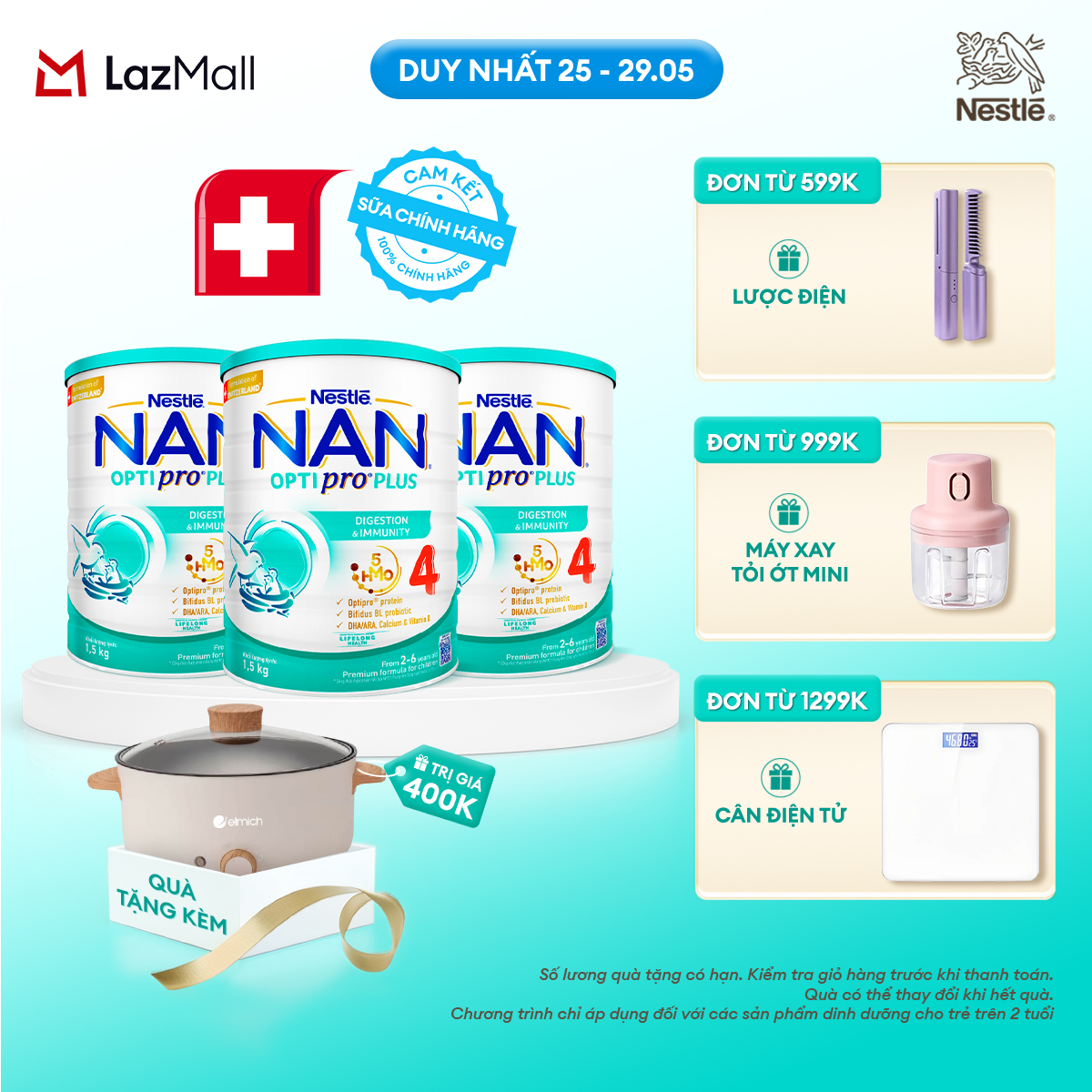 [Chỉ 25-29.05 QT Đơn 599K/999K/1299K] [Tặng Nồi lẩu điện 3L] Bộ 3 lon Sữa bột Nestlé NAN OPTIPRO PLUS 4  với 5HMO xuất xứ Thụy Sĩ - Hộp 1500g/lon với 5HMO Giúp tiêu hóa tốt + Tăng cường đề kháng