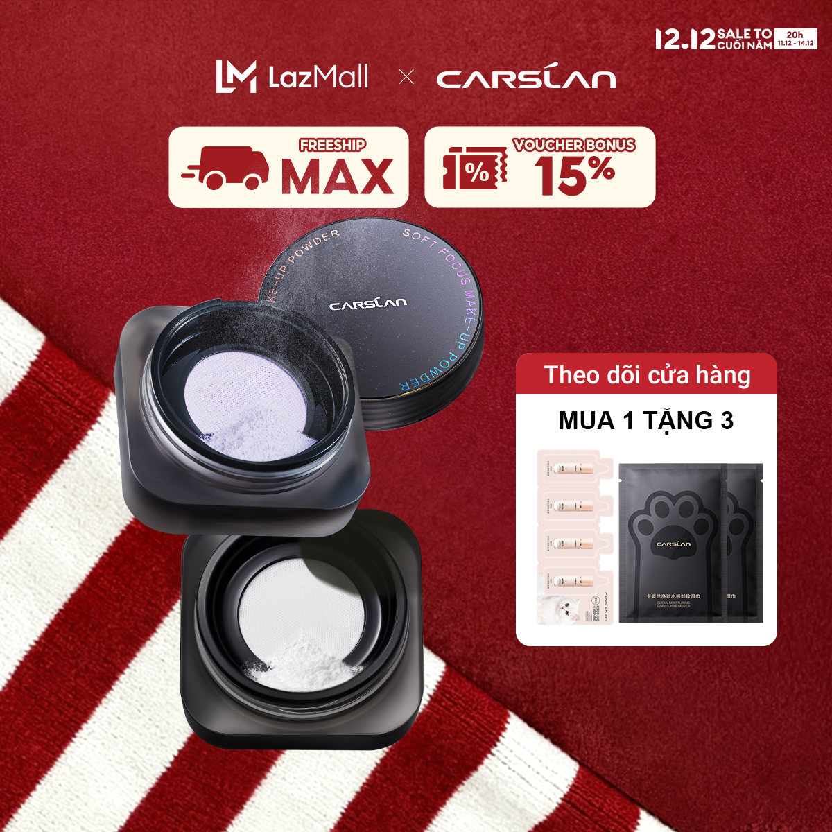   ĐỘC QUYỀN 11  20pm  - 14.12|VOUCHER+QUÀ TẶNG 【Phiên bản da nhạy cảm Phấn phủ CARSLAN chống thấm nước kiểm soát dầu lên đến 24H không dầu trọng lượng nhẹ lâu trôi 3 màu 8g 