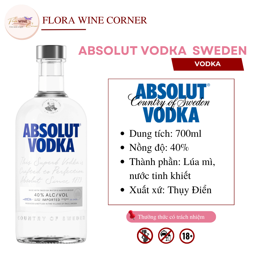 Rượu mạnh Vodka Sweden Absolut Vodka – Nồng độ 40% Alc, 700ml - Nhập khẩu Chính Hãng