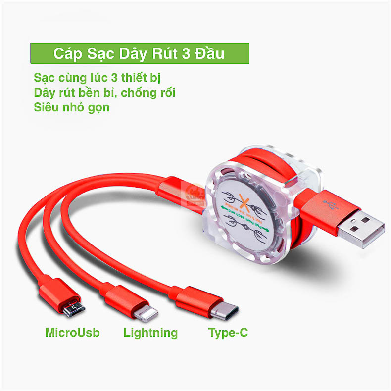 Cáp sạc dây rút 3 đầu sạc iPhone Lightning | Micro USB | loại C Android màu đỏ