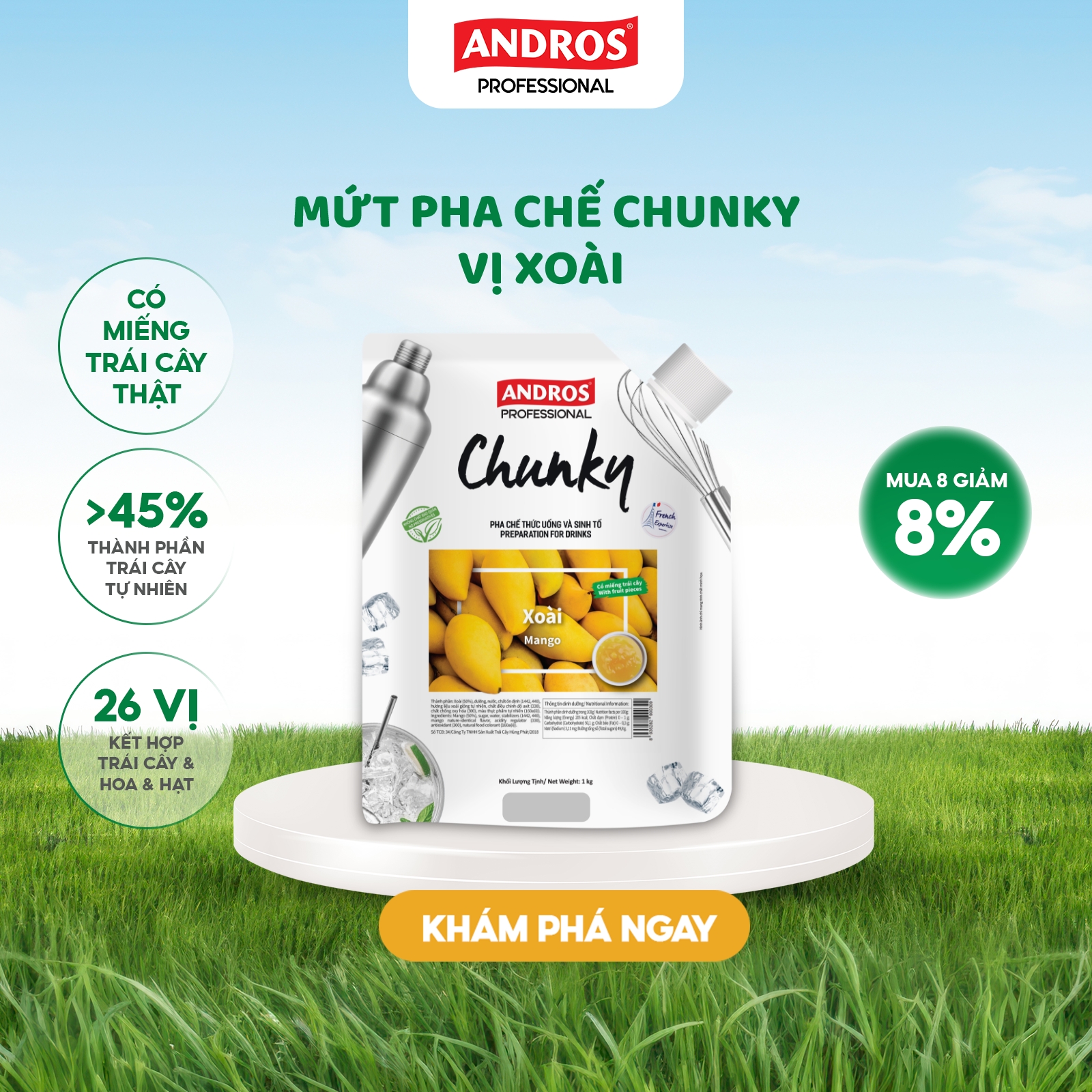 Mứt Pha Chế Xoài - Có miếng trái cây thật - Nguyên liệu pha chế - ANDROS CHUNKY - 1kg