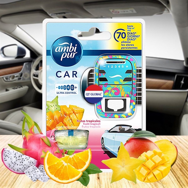 HƯƠNG TRÁI CÂY. Bộ tinh dầu thơm ô tô Ambi Pur Fruity Tropics 7ml. Tinh dầu thiên nhiên làm thơm xe ô tô, khử mùi hiệu quả