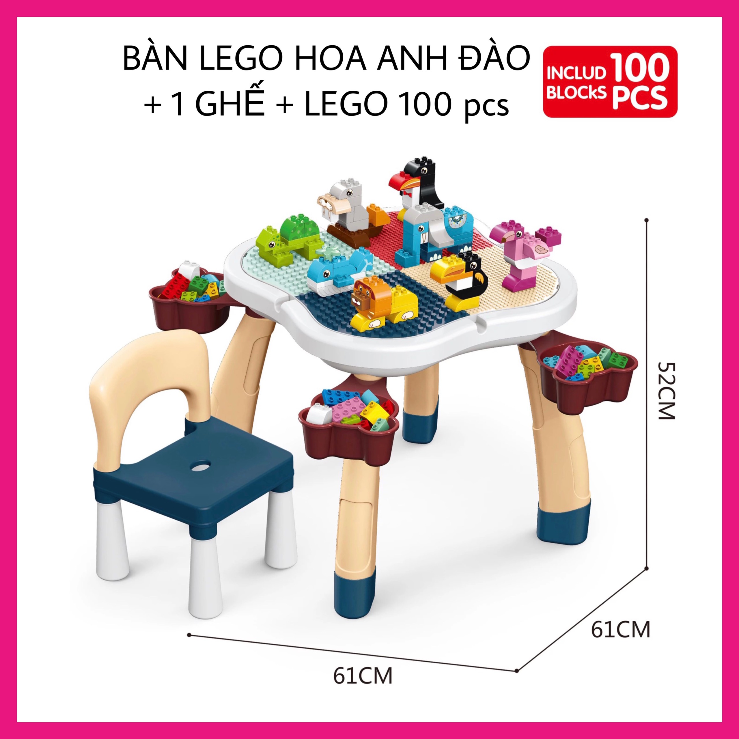 Bộ bàn lego đa năng hoa anh đào Bàn học cho bé kèm 85 chi tiết Lego