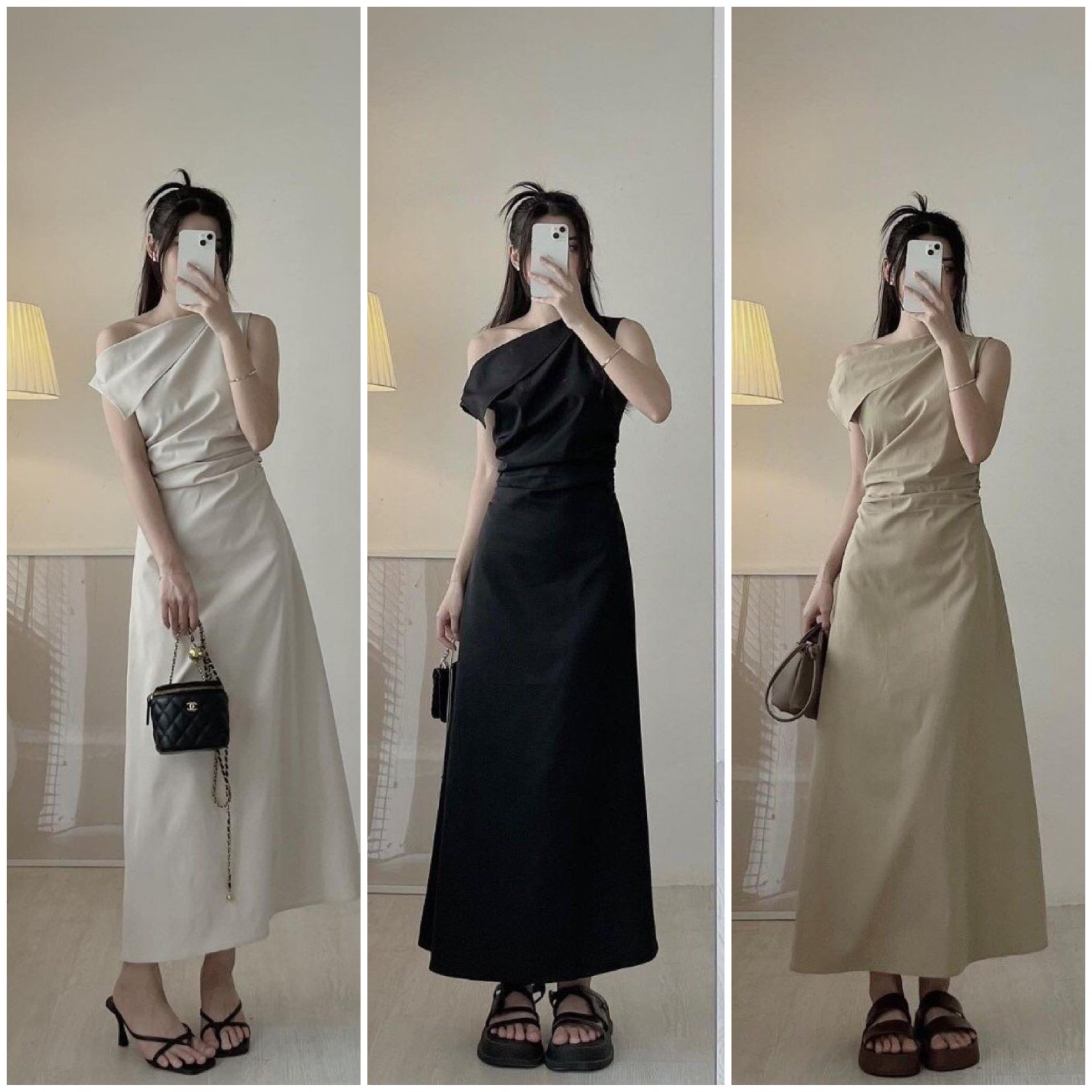 Váy nhún eo lệch vai dáng dài, đầm váy nữ công sở dáng dài lệch vai xếp ly nhún eo chất thô mềm 203T