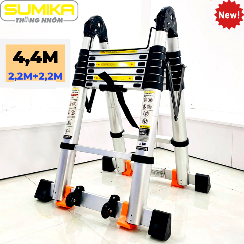 Thang nhôm rút đôi (Chữ A: 2,2m Chữ I: 4,4m) Sumika SKS440D SK440DNEW - Nút cao su chống trượt, khóa chống rung lắc, 2x7 bậc, tải trọng 300kg, bảo hành 2 năm