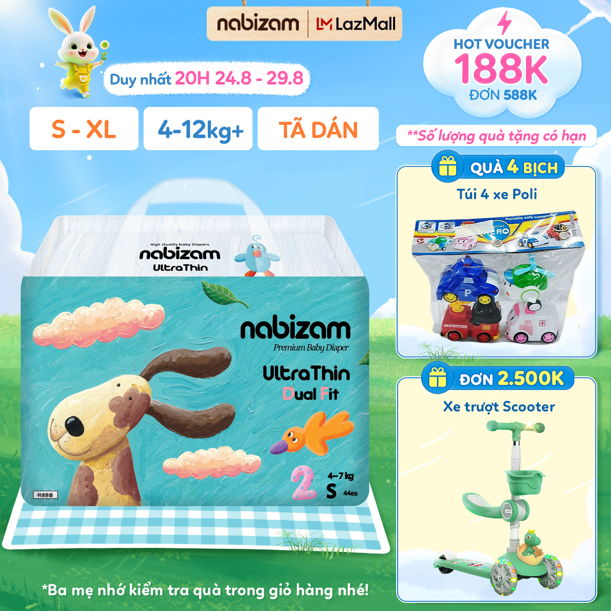 Combo 4 bịch tã/bỉm dán nabizam ultra thin siêu mỏng, thấm hút chống tràn size s44/m40/l36/xl32 cho bé 4-15kg