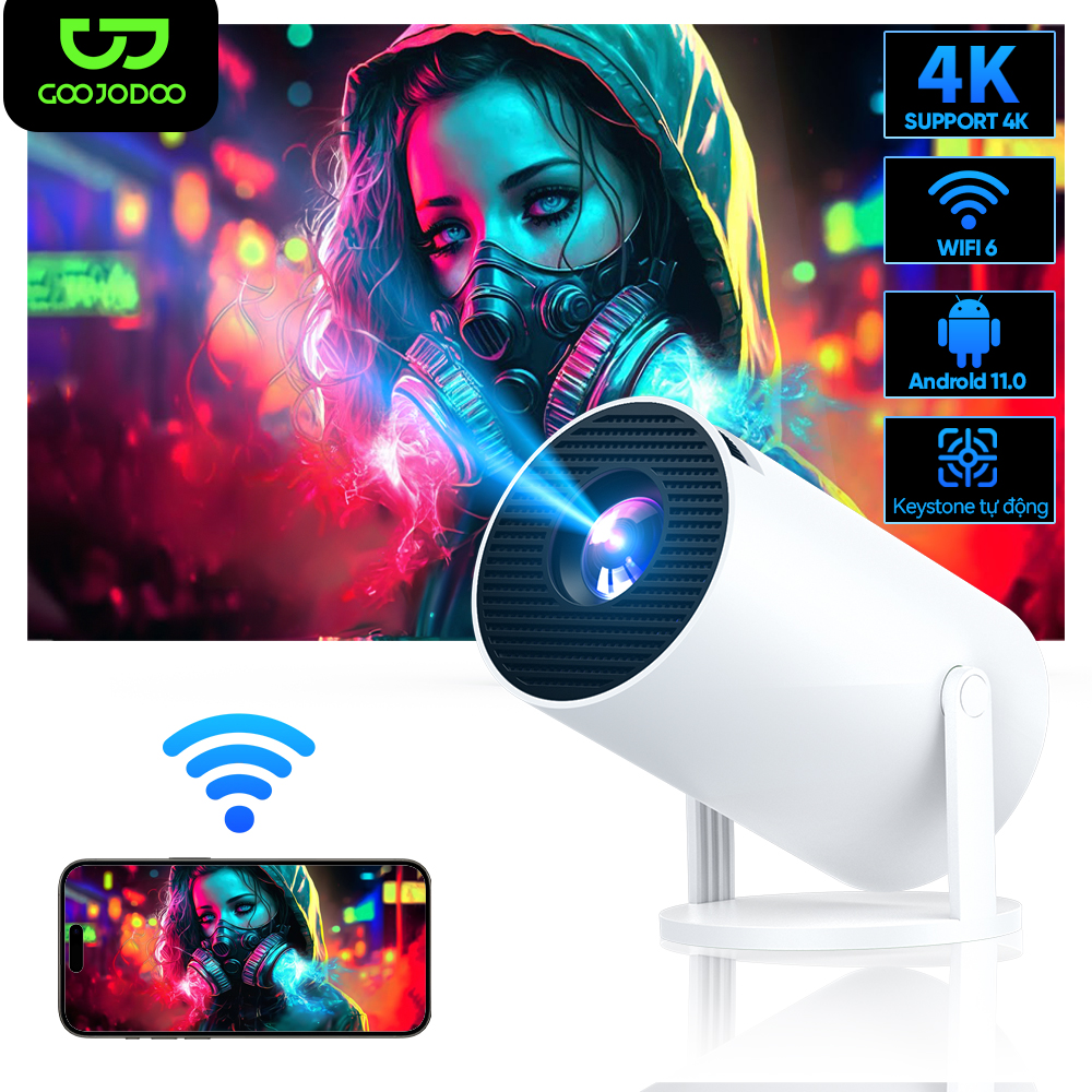 Máy chiếu Mini di động GOOJODOQ Full HD Android 11 Xoay miễn phí 270 ° Bluetooth 5.0 Hỗ trợ 4K WiFi kép 2.4G+5G bảo hành 1 nămKết nối