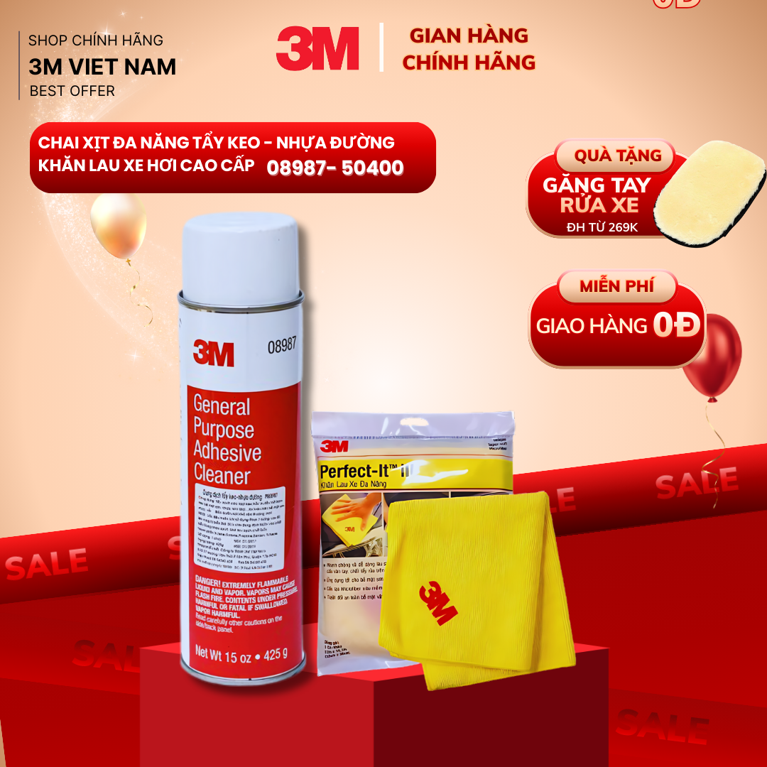 Smart combo Dung dịch tẩy keo, nhựa đường 3M™ 08987 + Khăn lau xe hơi chuyên dụng 50400