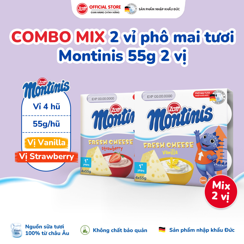 [Giao Hỏa Tốc] COMBO MIX 2 vỉ Phô mai tươi Montinis vị Dâu - Vani nhập ĐỨC (vỉ - 55g x 4 hũ)