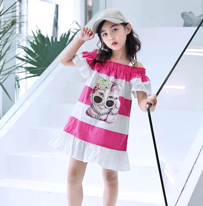 [HCM]Đầm thun suông trễ vai đuôi cá cho bé gái thật đáng iu 19-43Kg - 3 màu