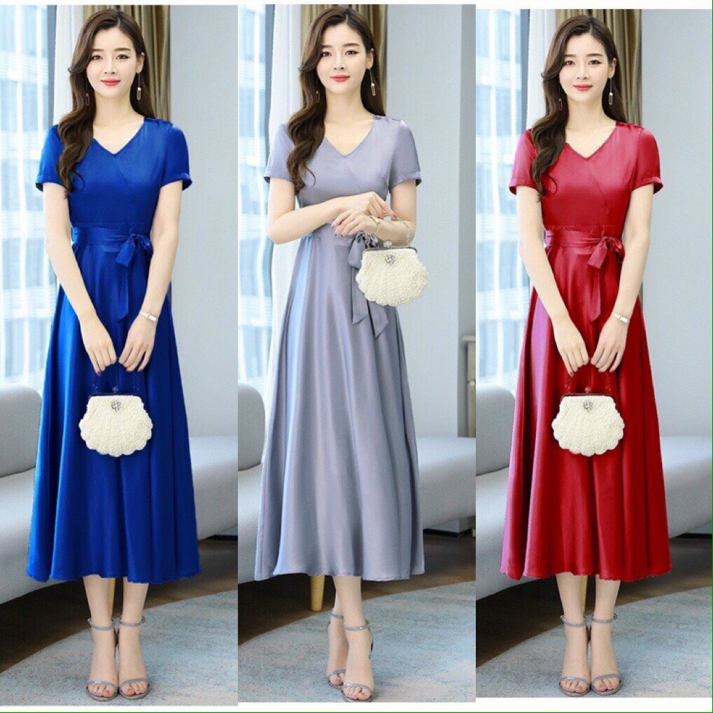 Đầm xòe cổ v thắt eo, đầm phi cổ v kèm dây thắt eo tay ngắn
