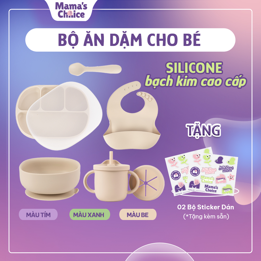 Bộ ăn dặm cho bé thương hiệu mama's choice, combo ăn dặm bát-khay-yếm-thìa-cốc silicone cao cấp
