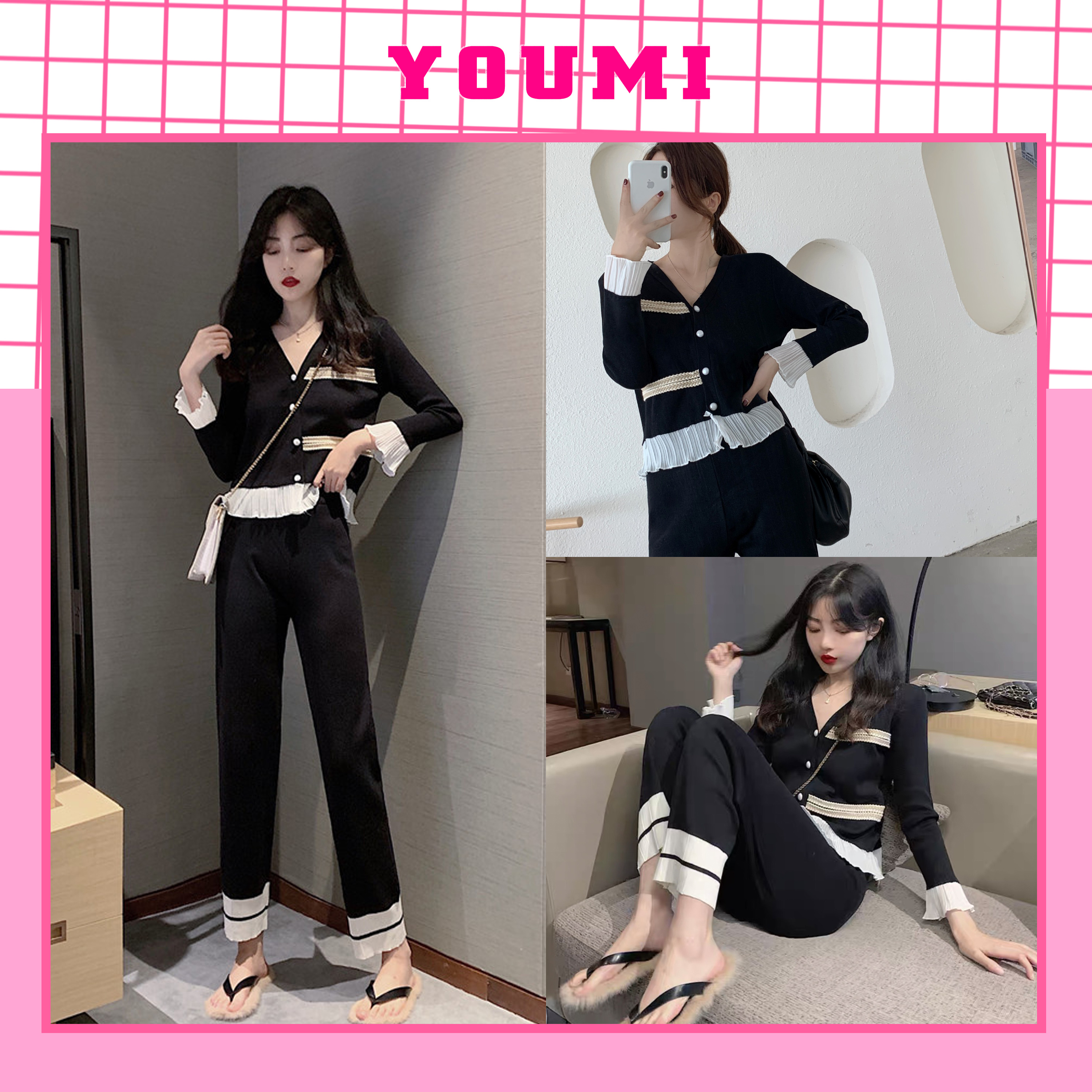 Set bộ len nữ ren viền bèo tiểu thư đồ bộ nữ len tăm dài tay cúc ngọc YOUMI SR001
