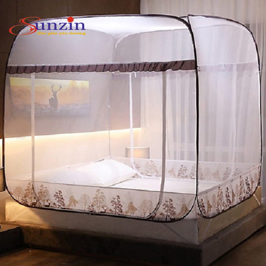Mùng chụp, Màn chụp tự bung đỉnh vuông cao cấp, Màn chụp chống muỗi, Màn chụp tự bung chân viền lụa hàng Việt Nam chất lượng cao Sunzin - Dìu Giấc Yêu Thương