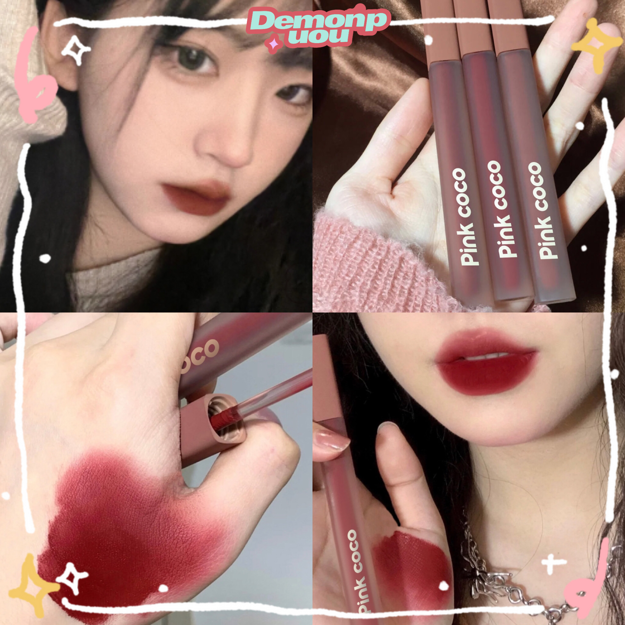 💋Pink Coco ánh sáng Satin màu hồng sương mù môi Glazed Silk Smooth Matte sương mù mặt Son môi Half-dính Cup đậm màu môi sinh viên phong cách môi
