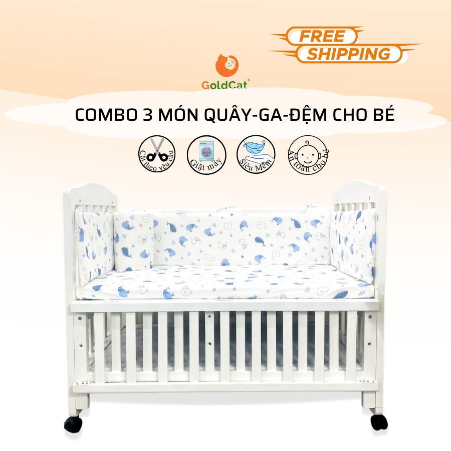 Bộ Combo quây - ga - đệm dùng cho cũi trẻ em GOLDCAT- đệm bông ép 5cm kèm quây 4 tấm và ga chun cotton
