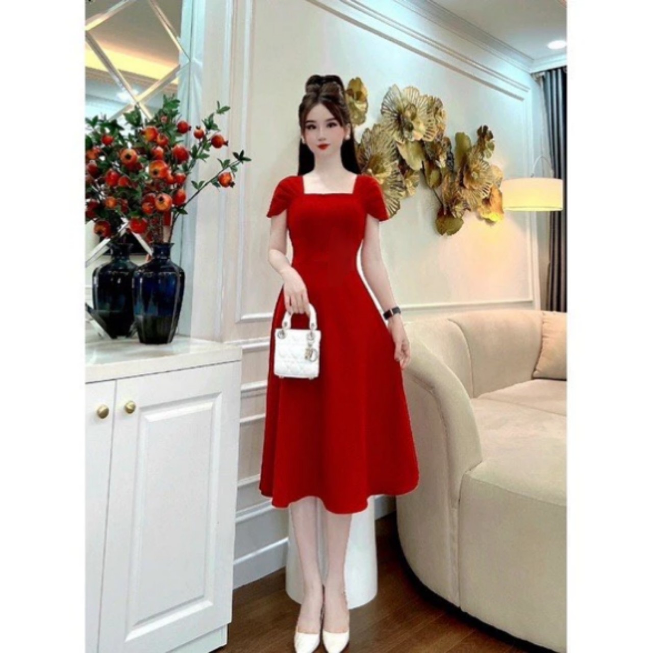 Đầm váy dự tiệc midi cổ vuông dáng xòe xinh xắn