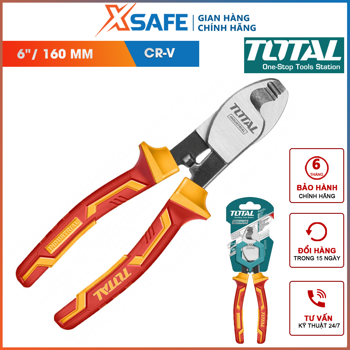 Kìm cắt cáp cách điện total thtip2761 | kềm cách điện kích thước: 6/ 160mm, đầu kềm được mạ đen và đánh bóng, tay cầm cách điện lên đến 1000v
