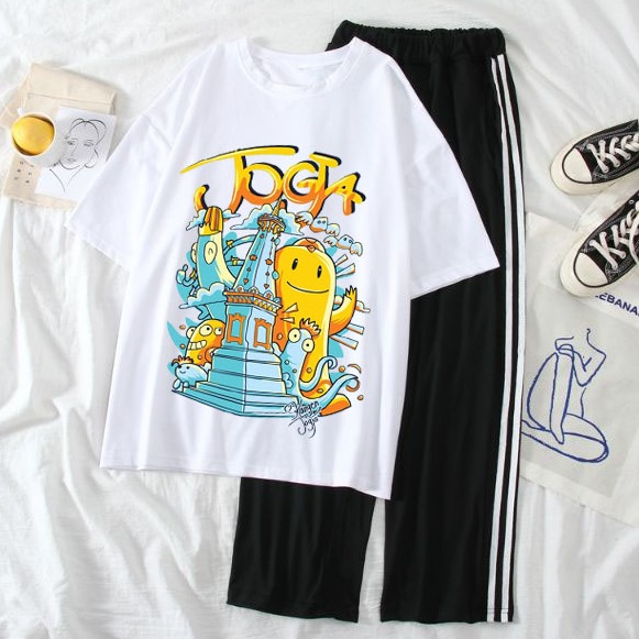 Sét Bộ Đồ Thời Trang Quần Áo Ulzzang Nam Nữ Mặc Đi Chơi Dễ Thương - Cá Tính In Tháp Thú Joga Mix Quần Phong Cách