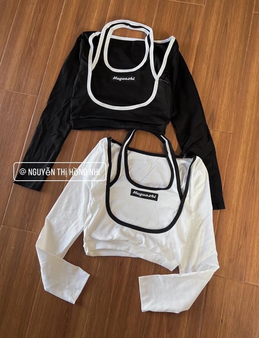 Áo croptop tay dài giả yếm thêu logo