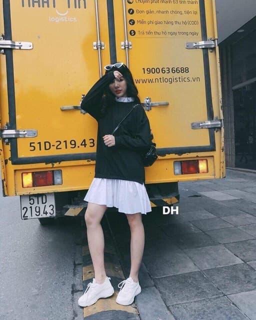 Đầm váy nữ cổ bèo phối liền sơ mi xòe ulzzang dễ thương