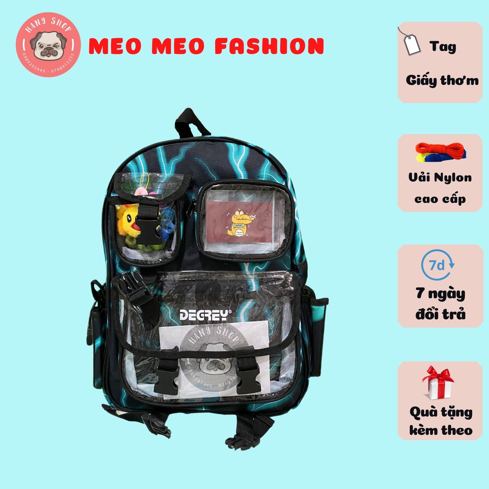 Balo học sinh, cặp đi học Degrey Sấm Sét Xanh tặng kèm tag và giấy thơm Meo Meo Fashion BL14