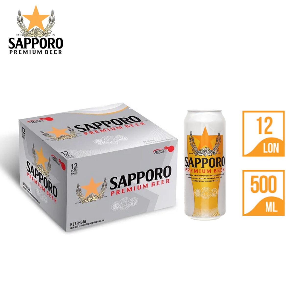 THÙNG 12 LON BIA SAPPORO PREMIUM BEER 500ML