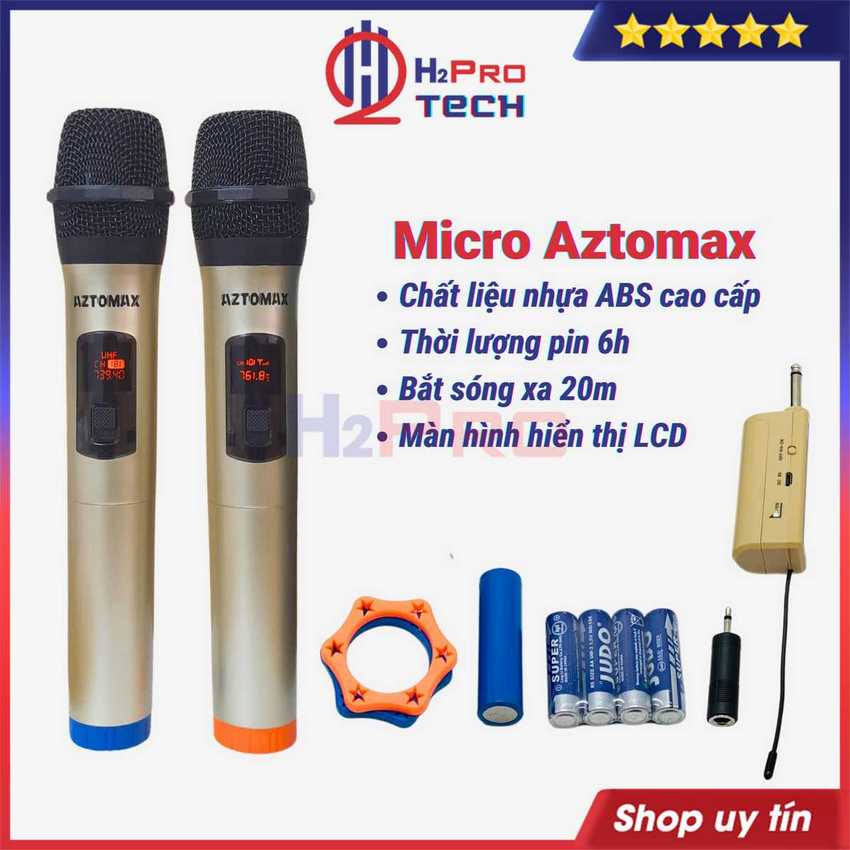 2 Micro Loa Kéo Không Dây Aztomax Hát Nhẹ Và Hút Mic Tặng Pin Sạc, Mic Đôi Hát Karaoke Cho Mọi Âm Ly - H2pro Tech