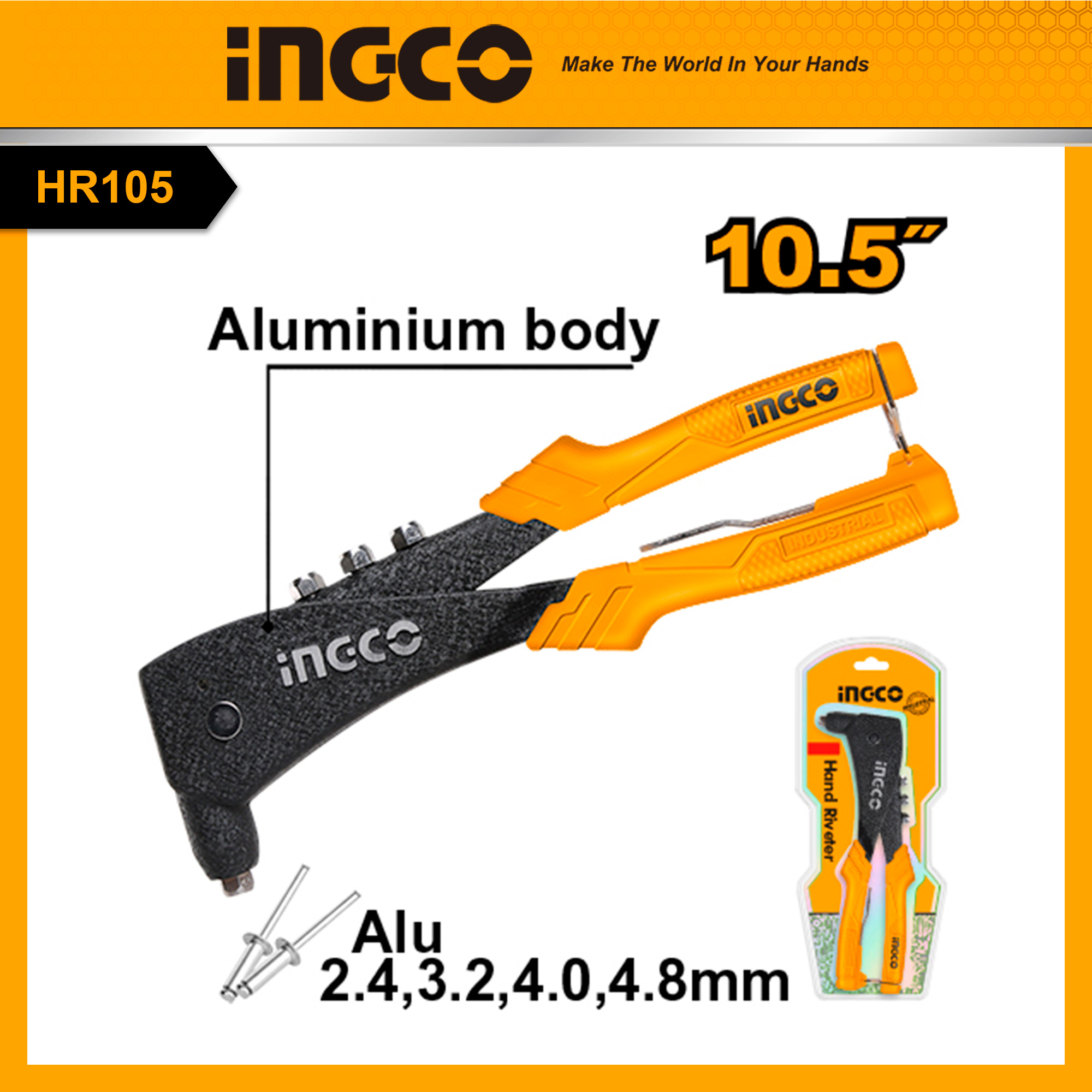 Ingco kìm rút rivet 10'' đầu đinh tán di động và cờ lê hr105/hr104