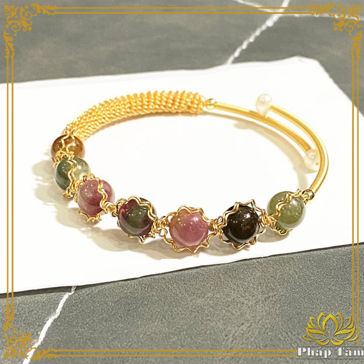 Vòng tay kiềng đơn handmade 14k đá tourmaline đa sắc cao cấp - pháp tâm