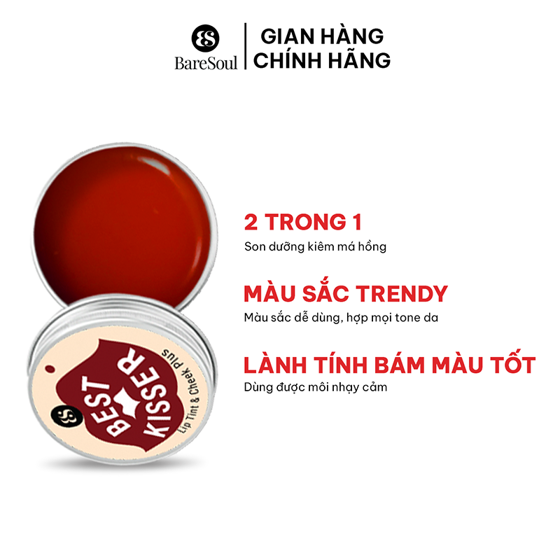 Son dưỡng màu đỏ đất cho môi và má BareSoul Best Kisser Lip Tint & Cheek Plus