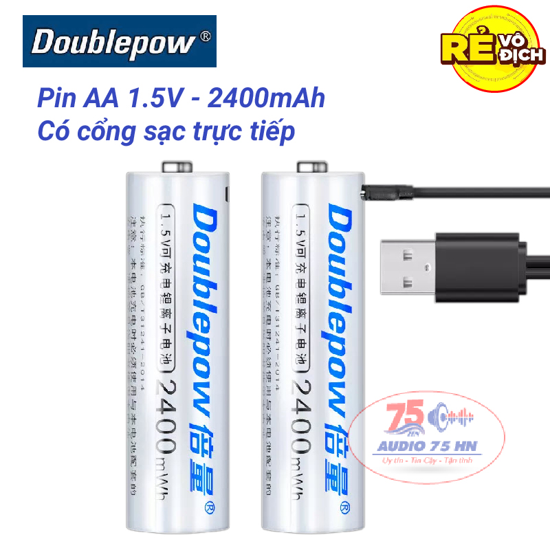 {Chính hãng} 02 viên pin tiểu sạc AA 1.5v Doublepow 2400mAh có cổng sạc Micro USB - Tặng kèm dây sạc