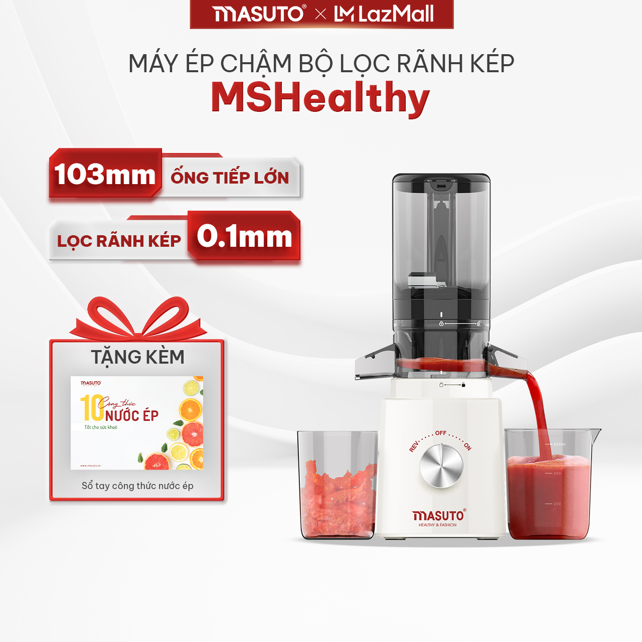 Máy ép chậm trái cây Masuto ép nguyên quả kiệt bã dung tích 0,6l bảo hành 12 tháng