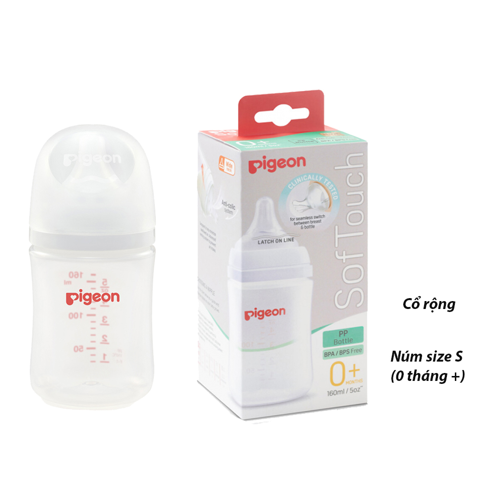 Bình sữa pigeon pp plus 160ml, núm vú siêu mềm đi kem size ss, nhựa pp an toàn cho trẻ, không bpa