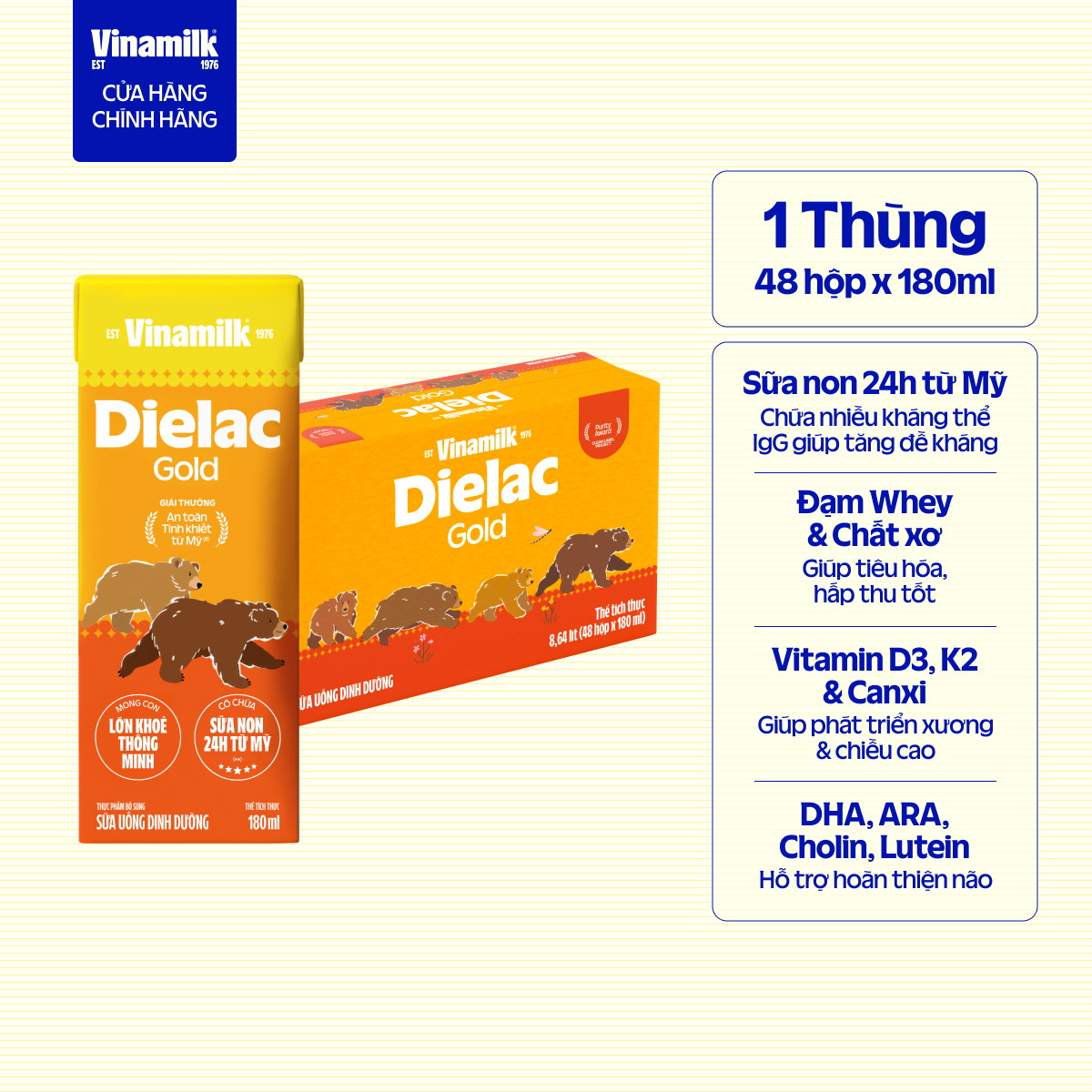 Thùng 48 hộp Sữa nước Vinamilk Dielac Gold 180ml - sữa bột pha sẵn hỗ trợ phát triển trí não của trẻ, tăng cân, chiều cao