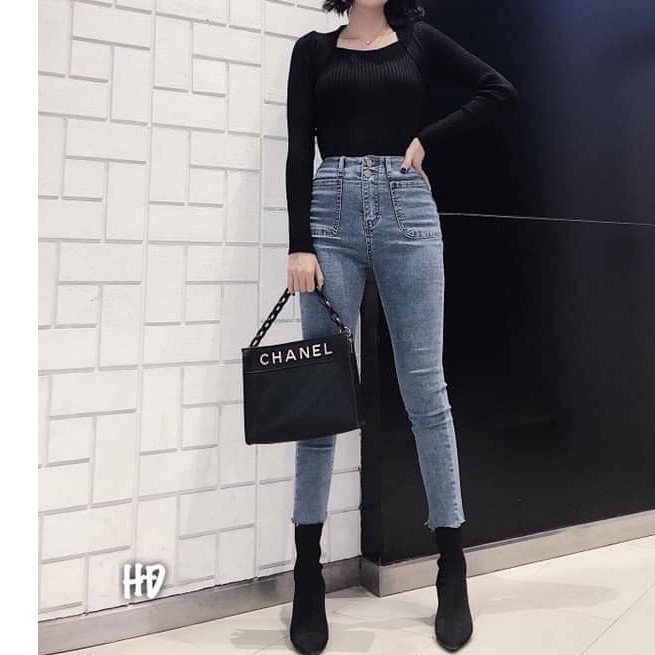 Quần jeans nữ túi vuông freeship quần bò 2 khuy ôm giãn túi vuông ad26