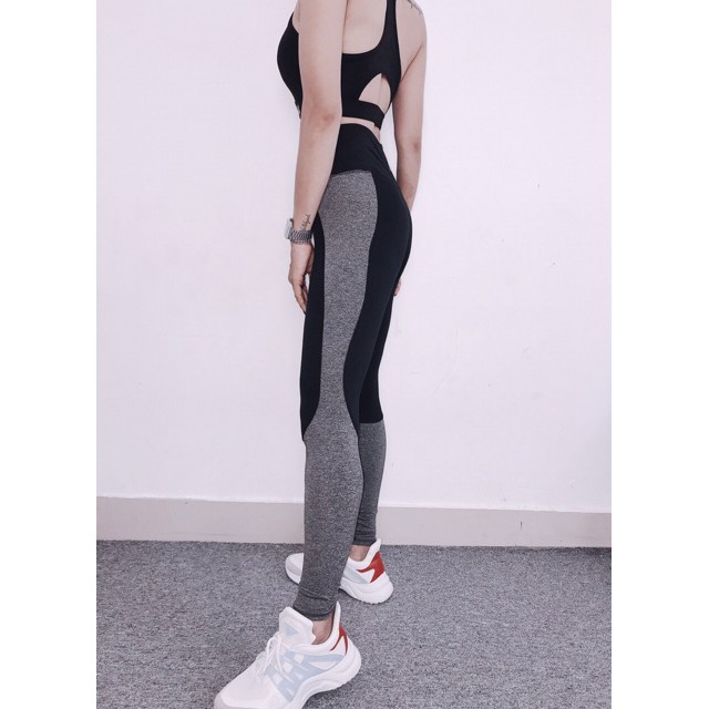 Đồ Tập Gym Nữ Yoga Aerobic Màu Đen Phối Xám Có Mút Ngực