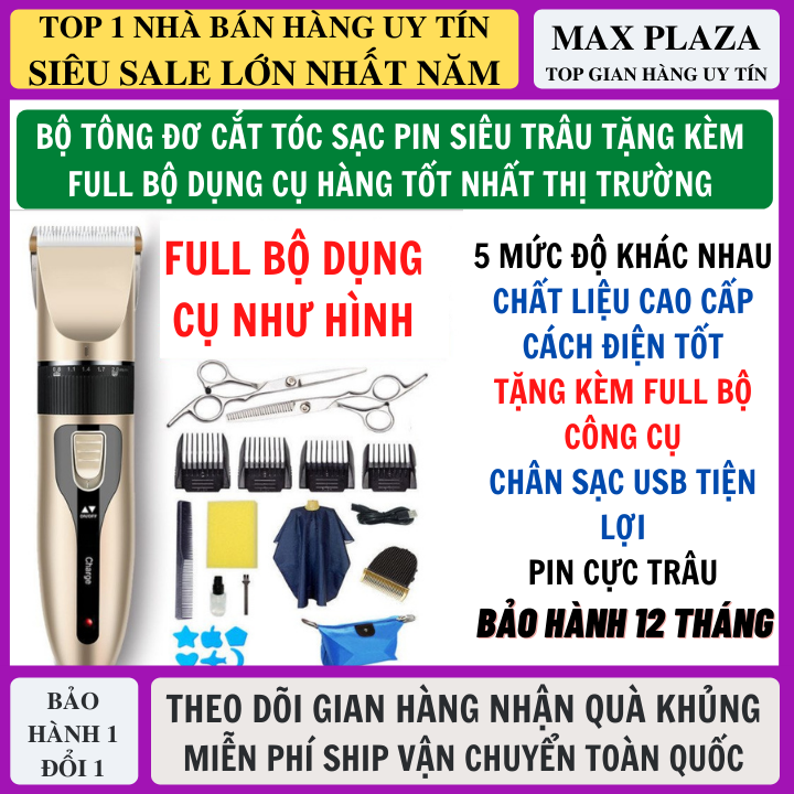 Tông Đơ Cắt Tóc Full Bộ Loại Tốt Tặng Kèm 1 Lược 2 Kéo Cắt Và 1 Áo Choàng, Lược, 4 Đầu Kích Cỡ Cắt Chất Liệu Cách Điện Tốt Bảo Hành 12 Tháng, Tông Đơ Cắt Tóc Loại Tốt, tong do cat toc, tong do cat toc chuyen nghiep