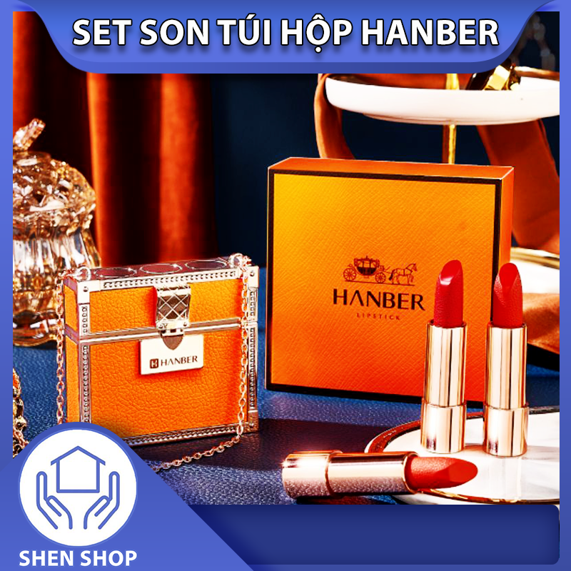 Set son môi túi xách Hanber, hộp quà son môi tặng bạn gái sang trọng, combo son tặng người yêu 3 cây tone màu đỏ, set son môi chính hãng nội địa trung, set 3 thỏi son kết hợp túi xách mini hình hộp cao cấp, son học sinh giá rẻ