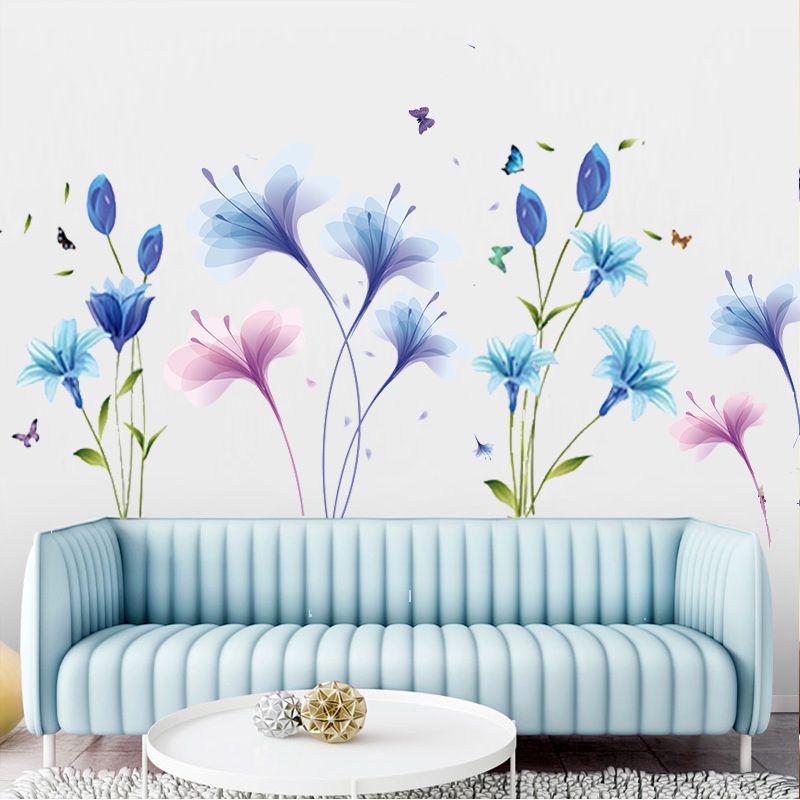 Decal dán tường hoa xanh tím và hoa anh thảo xanh