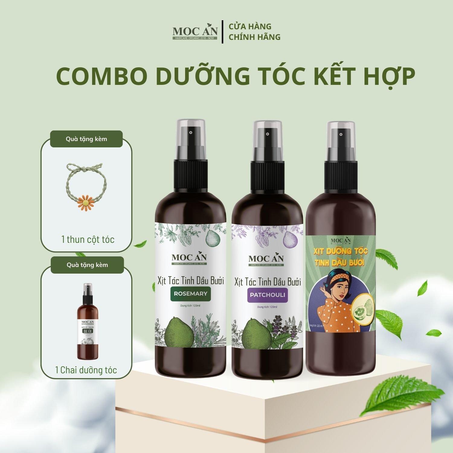 Combo Xịt Bưởi Tinh Dầu Rosemary & Xịt Bưởi Tinh Dầu Vỏ Bưởi Da Xanh & Xịt Tinh Dầu Bưởi Patcholi 120ml Mộc Ân Haircare hỗ trợ kích mọc, giảm rụng, lên tóc con, giảm tình trạng khô xơ Dưỡng Tóc