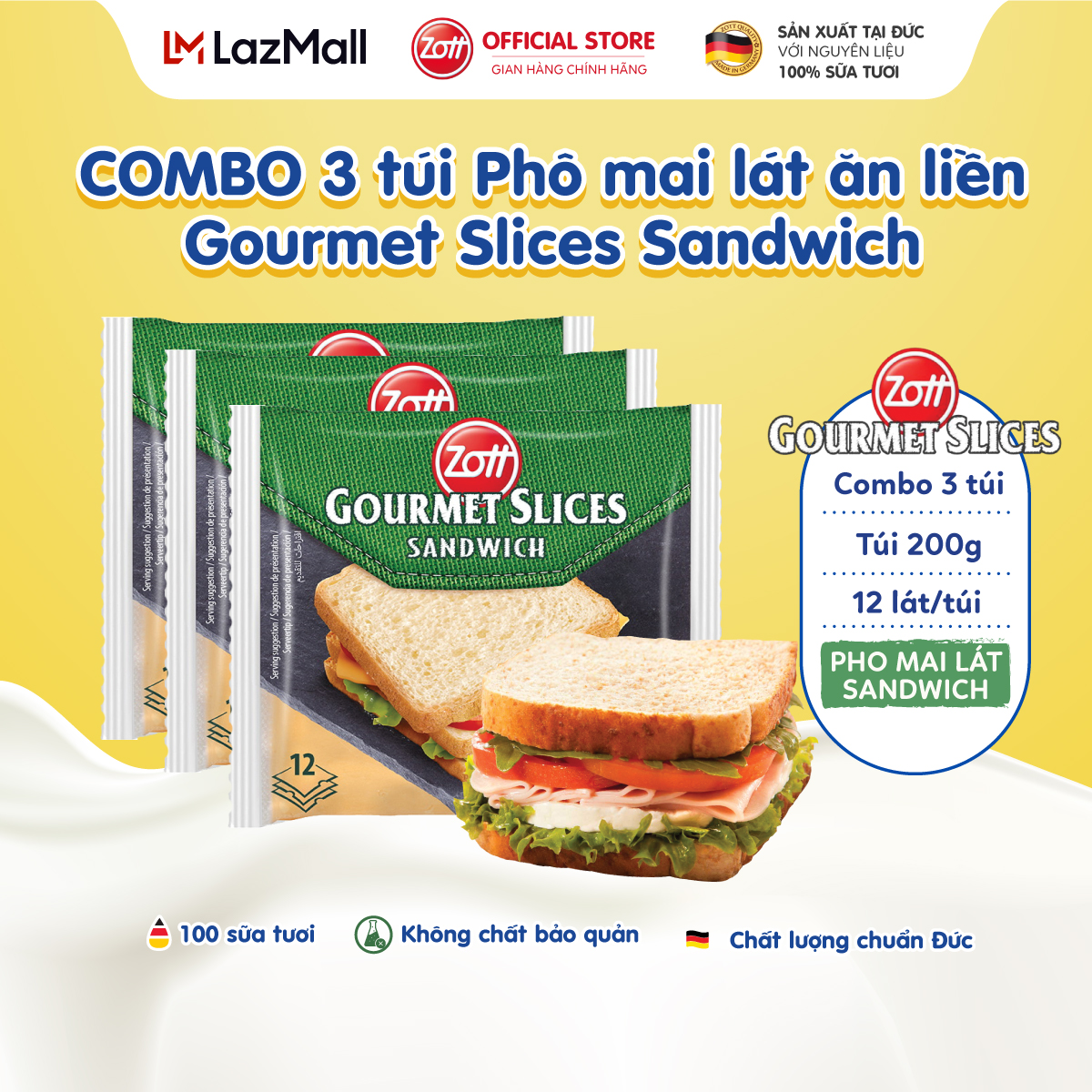 COMBO 3 túi Phô mai lát Zott Gourmet Slices SANDWICH nhập khẩu từ Đức