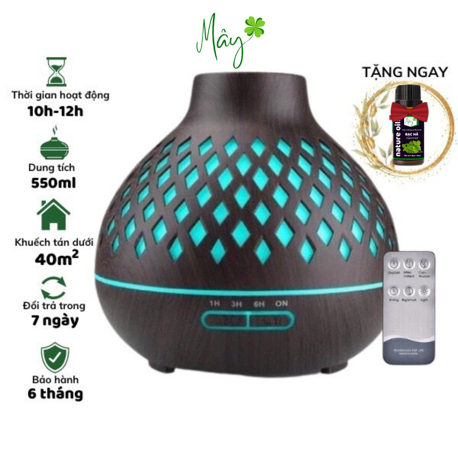 Máy xông tinh dầu phòng ngủ, máy phun sương Đèn Lồng Lưới 550ml kèm điều khiển, đèn led 7 màu - Mây