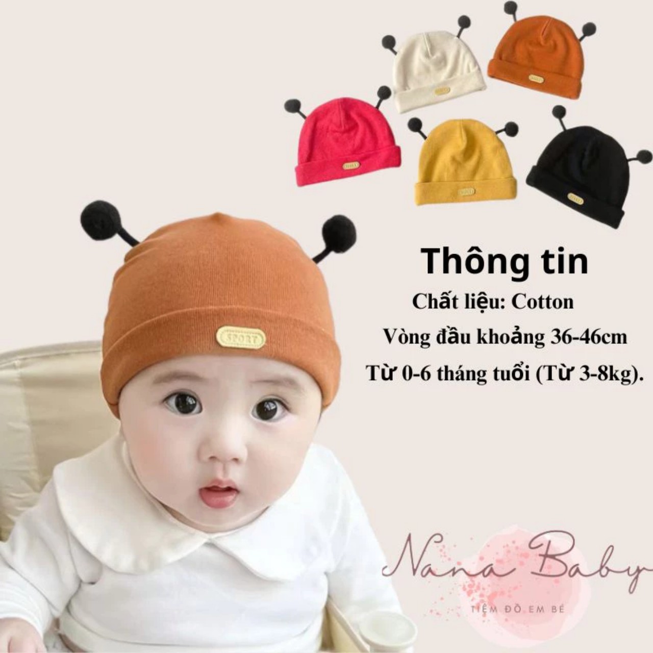 Mũ cotton hình con ong cho bé sơ sinh, mũ che thóp cho bé 0-6 tháng