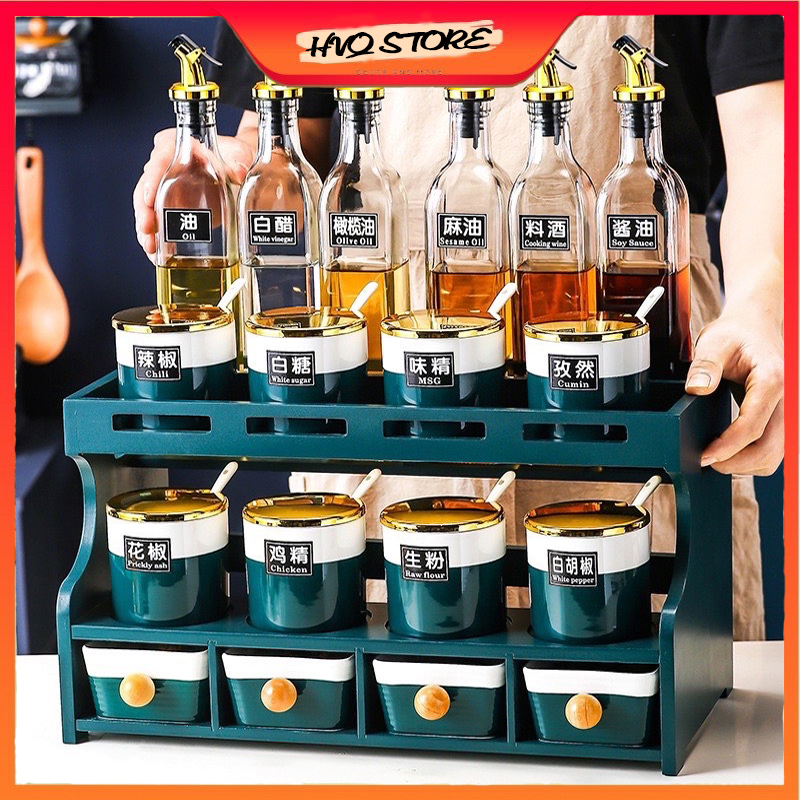 [Hàng có sẵn] Bộ Đựng Gia Vị Phối Sứ Xanh Trắng Hàng Cao Cấp Loại 1 (nắp hũ mạ vàng)