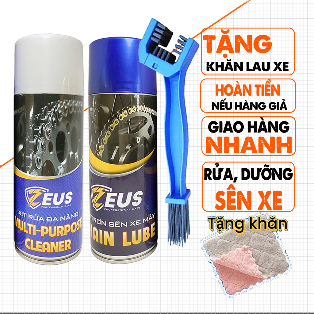 Dưỡng sên xe máy zeus, vệ sinh, rửa sên xe đa năng, chai lớn 400ml, ít văng, nhông sên đĩa sạch sẽ, êm ái, tặng bàn chải sên