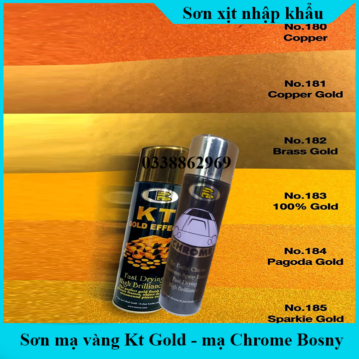 Sơn Xịt Mạ Vàng 18k 24k Bosny KT -Sơn Mạ Vàng Bosny-  mạ crom - Sơn Xe Máy - Bình Sơn Phun Mạ Vàng